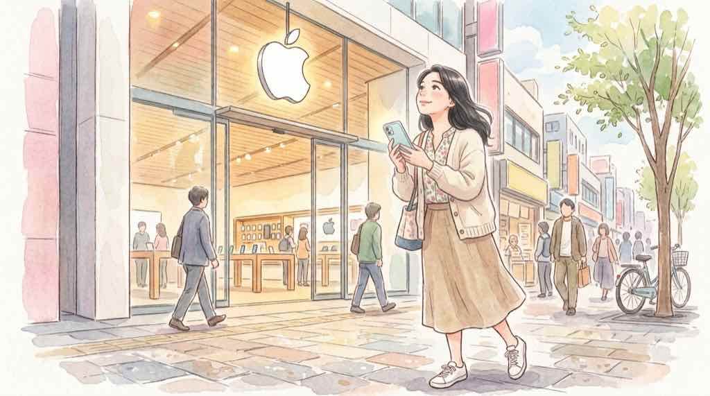 iPhone18Pro予約なしでも買えるか確認する女性のイラスト