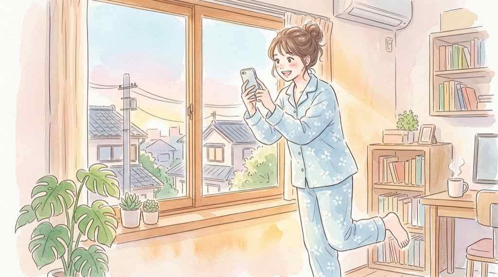 Apple Storeアプリで在庫を確認する朝のイラスト