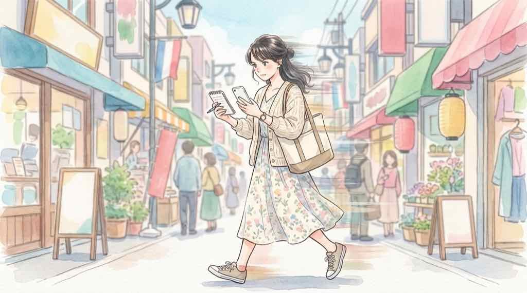 キャリアと量販店の在庫を検索する女性のイラスト