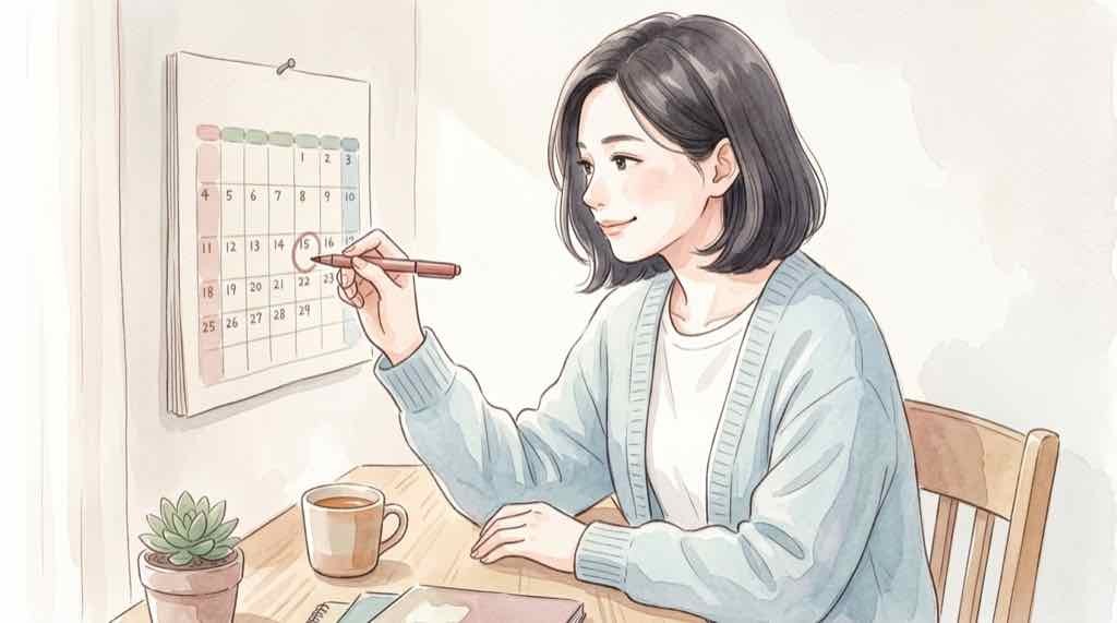 カレンダーを見ながら次のチャンスを考える女性のイラスト
