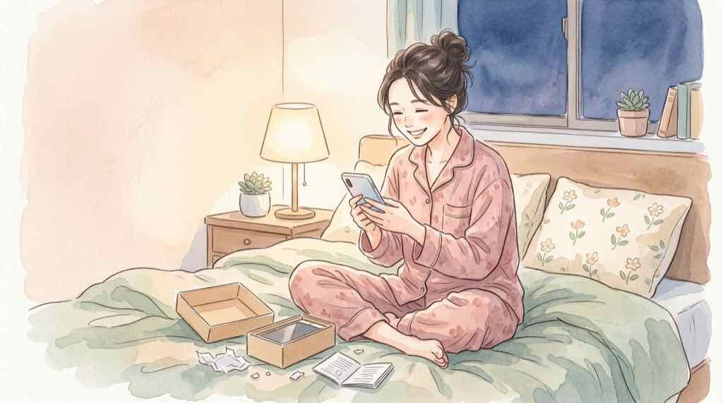 新しいiPhoneのソフトウェア状態を確認する女性のイラスト