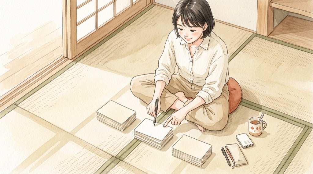 郵便局アプリ 19人分69件の情報の内訳を表で整理して確認する女性のイラスト
