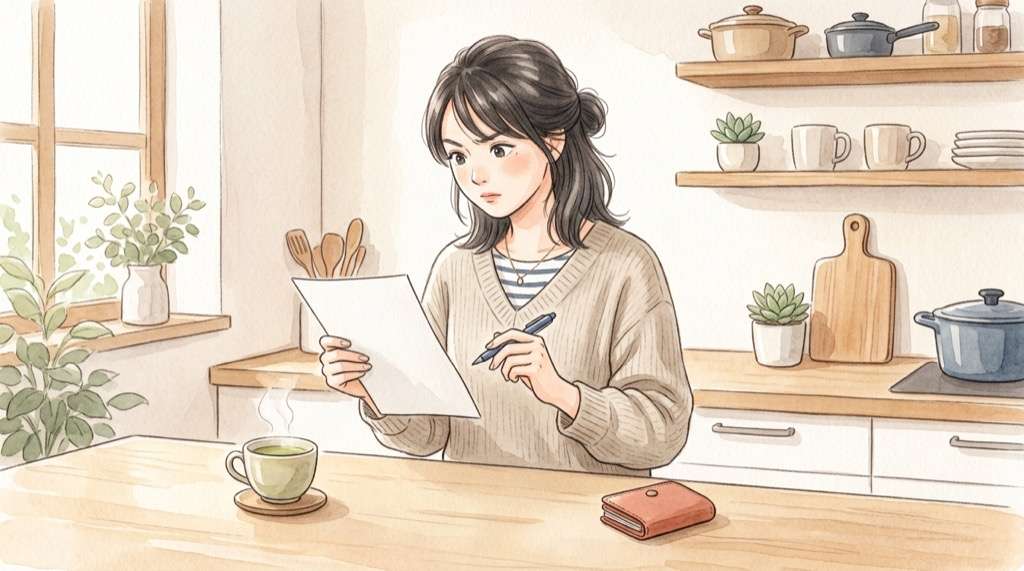 郵便局アプリ パスワードやクレジットカードへの影響を公式資料で確かめる女性のイラスト