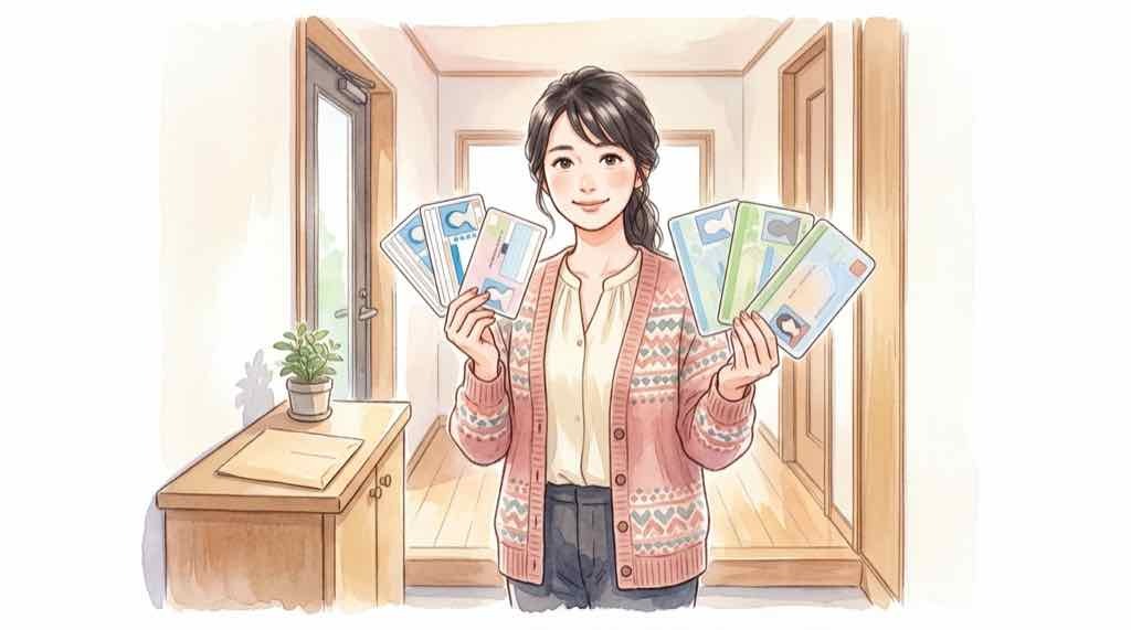 本人限定受取郵便の本人確認書類4種類について調べる日本人女性と郵便封筒の水彩イラスト