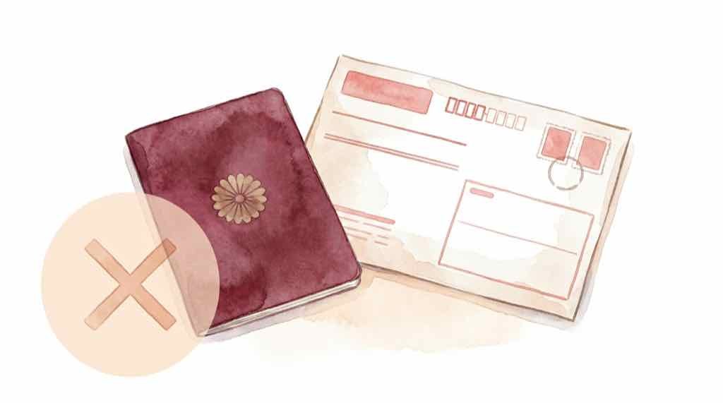 パスポートと封筒を並べた水彩イラスト——「今回は使えない」というテーマのやさしいビジュアル