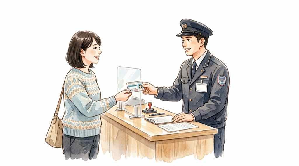 手帳に「暗証番号？」とメモを書こうとしている日本人女性の水彩イラスト