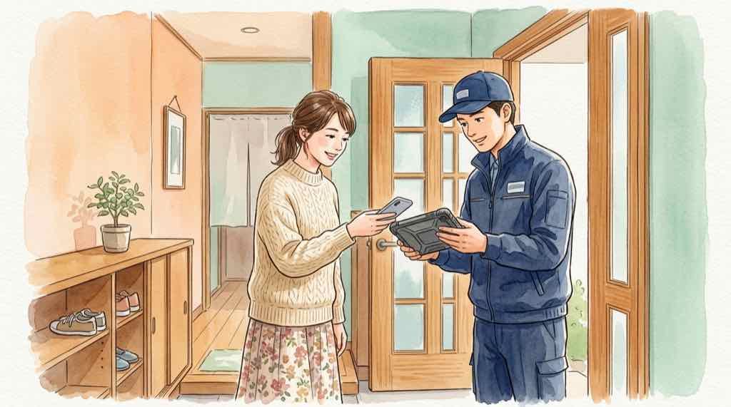 玄関先で配達員のタブレットにスマホをかざして本人確認する日本人女性の水彩イラスト