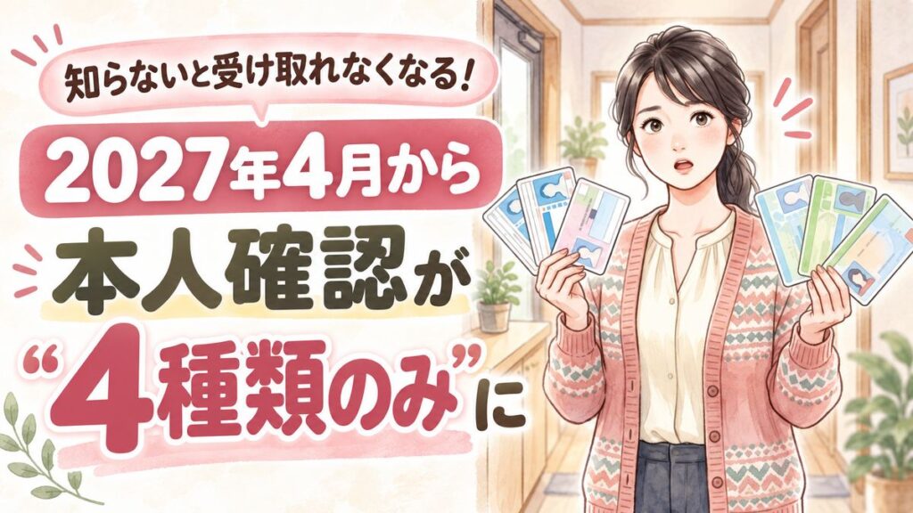 本人限定受取郵便の本人確認書類4種類について調べる日本人女性と郵便封筒の水彩イラスト