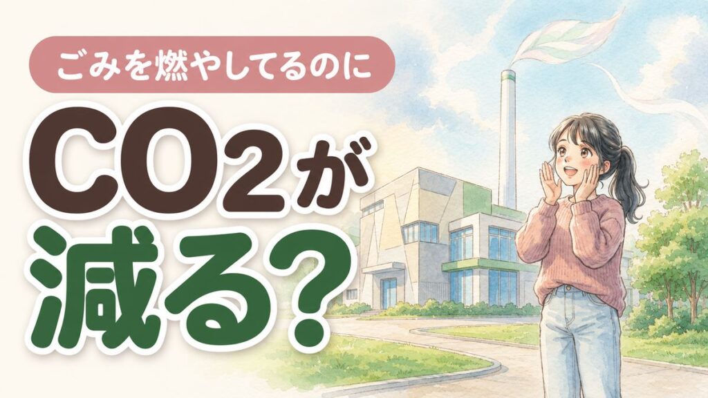 ごみを燃やしてCO2が減る理由を笑顔で説明する女性のイラスト