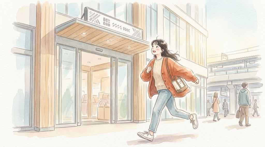 自由が丘ミューズスクエアの入口に立つ女性のイラスト