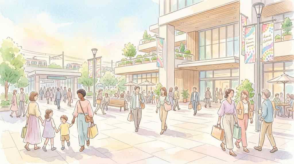 自由が丘ミューズスクエア外観と賑わうエントランスのイラスト
