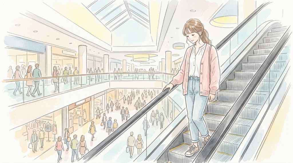 自由が丘ミューズスクエアの混雑した通路を見上げる人のイラスト
