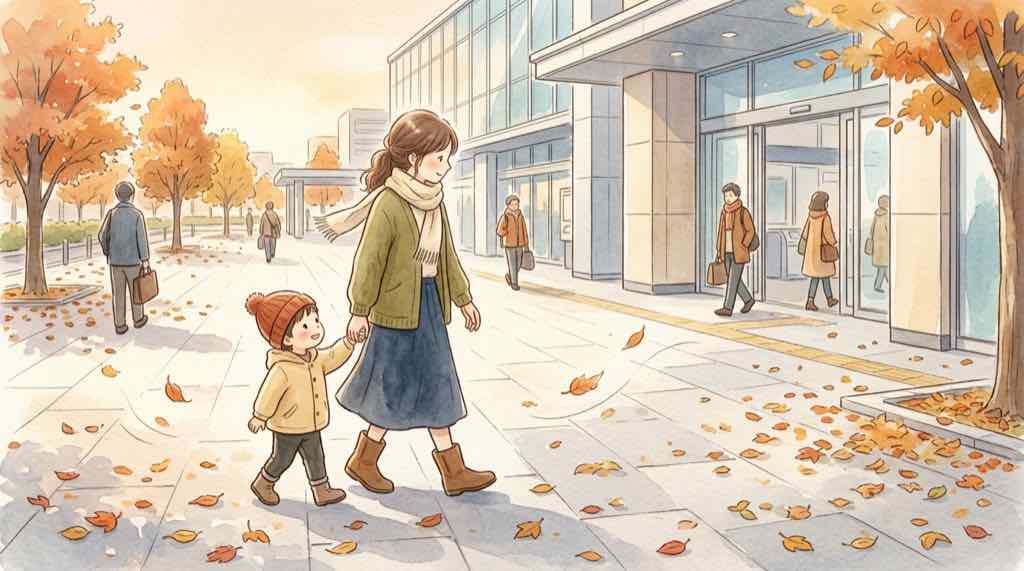 自由が丘駅の駅前を歩く親子のイラスト