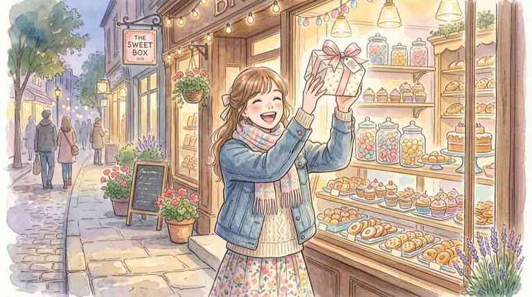 自由が丘ミューズスクエアの限定商品セットを手にする女性のイラスト