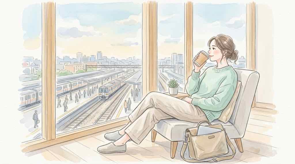 SHARE LOUNGEのテラス席でコーヒーを飲む女性のイラスト