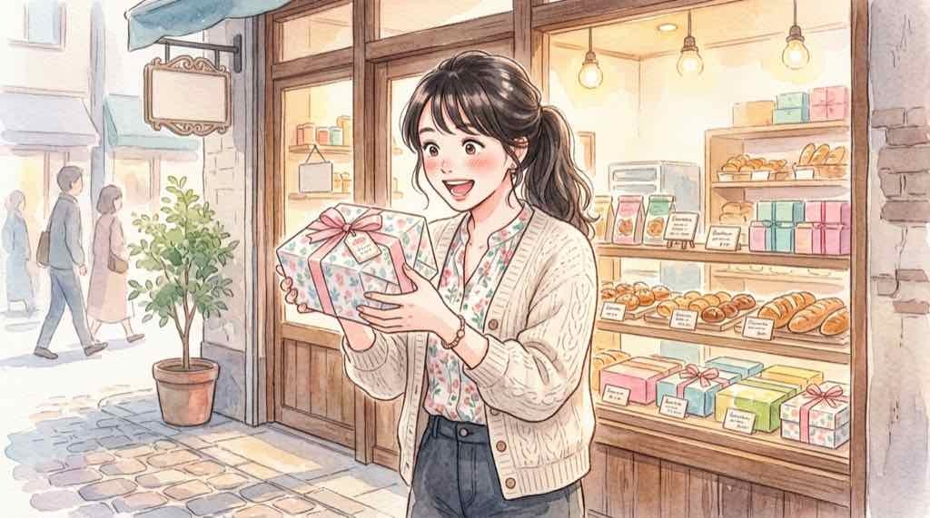 自由が丘ミューズスクエアの限定品を手に入れて喜ぶ女性のイラスト