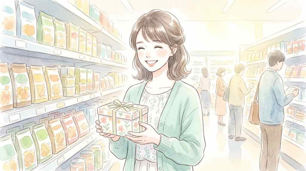 明治屋の限定セットを手にする女性のイラスト
