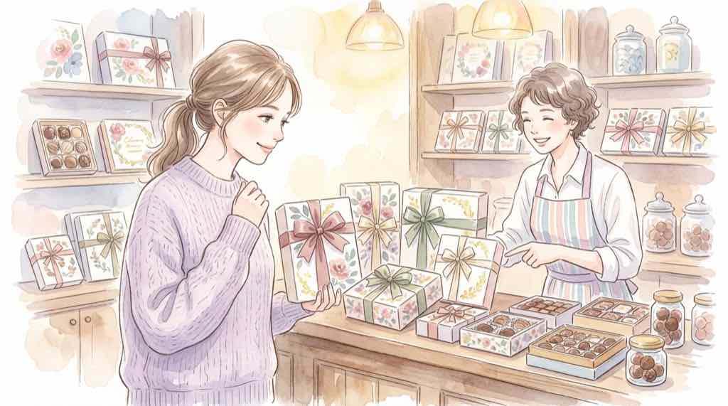 VANILLABEANSのショコラを選ぶ女性のイラスト