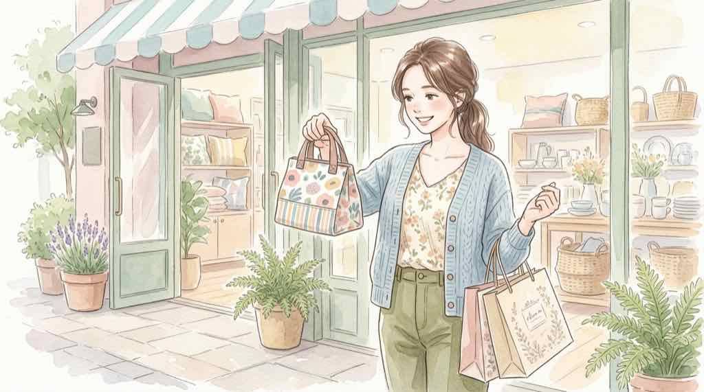 アパレルショップでノベルティを受け取る女性のイラスト