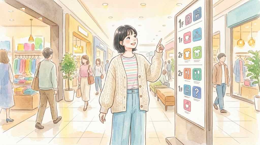自由が丘ミューズスクエアの店内で店舗一覧を見る女性のイラスト