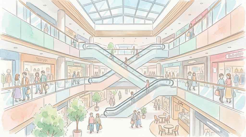自由が丘ミューズスクエアの店内フロアを見渡す女性のイラスト