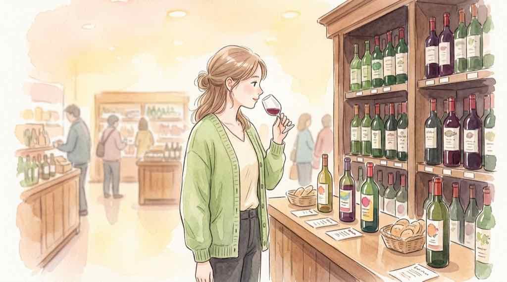 明治屋のワインコーナーを眺める女性のイラスト