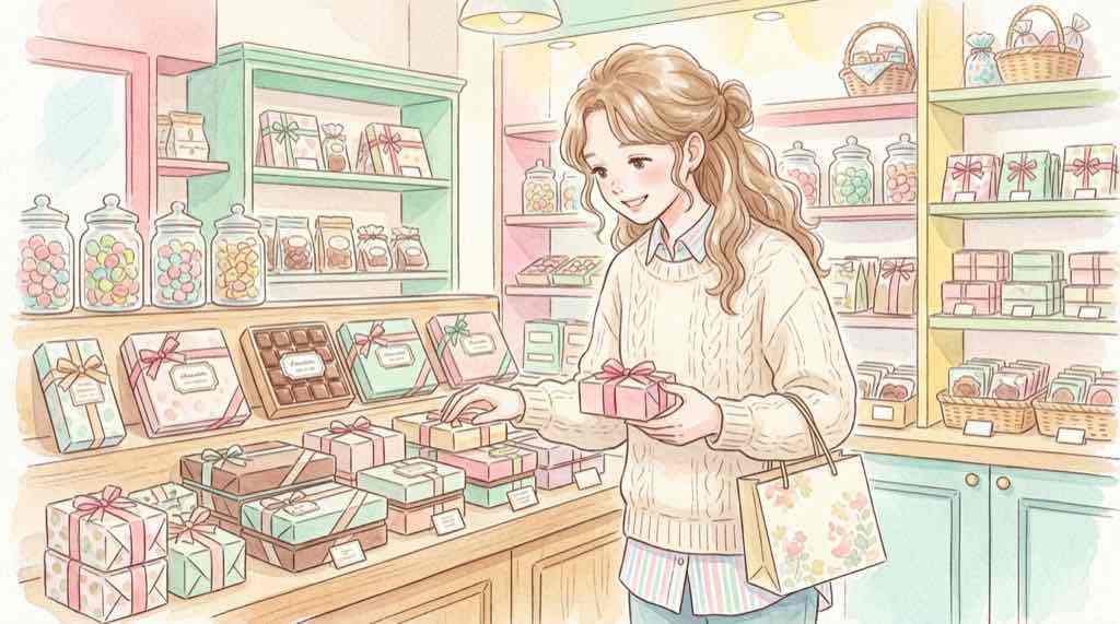 スイーツショップの前で手土産を選ぶ女性のイラスト