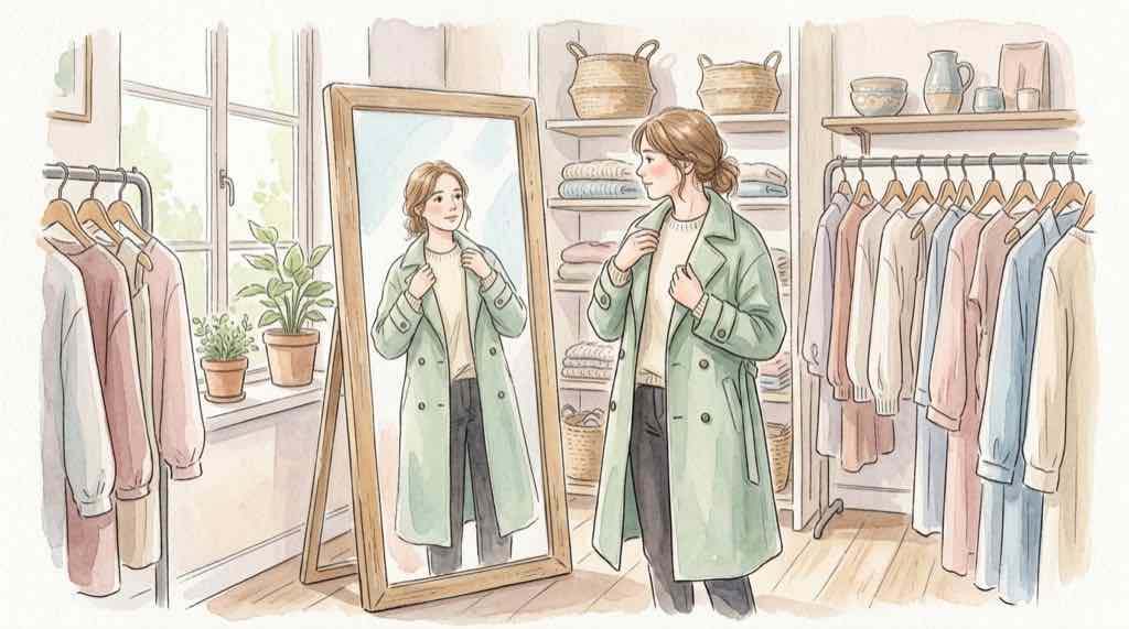 アパレルショップで洋服を選ぶ女性のイラスト