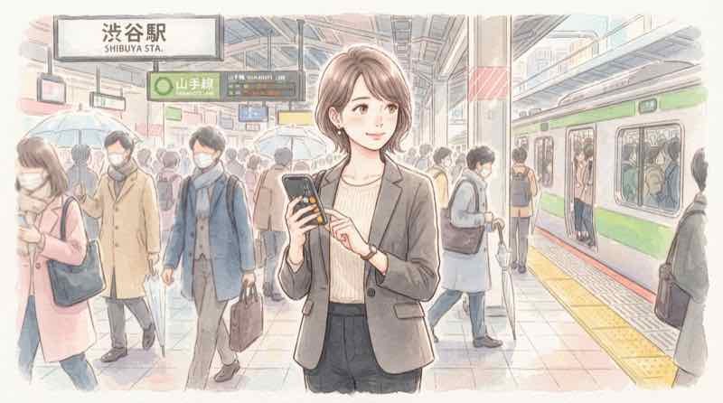神奈川県 通勤時間 生涯8年の計算を確認する女性のイラスト