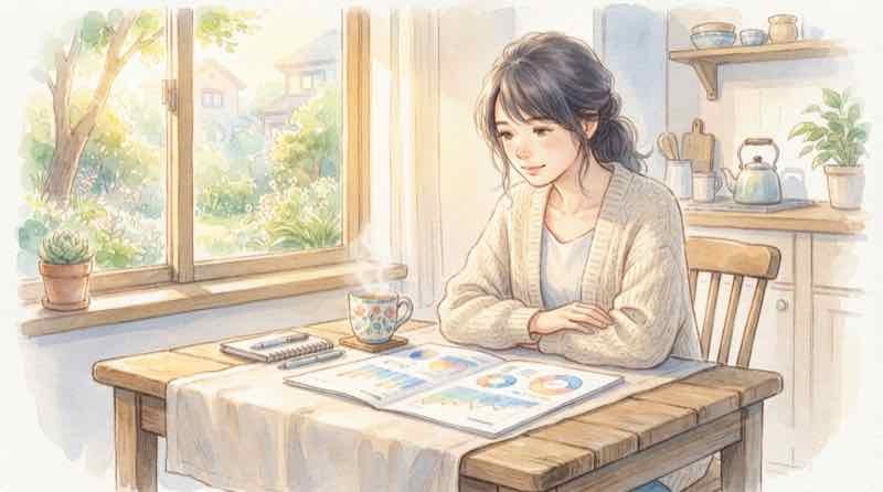 通勤・通学時間100分の統計データを見つめる女性のイラスト