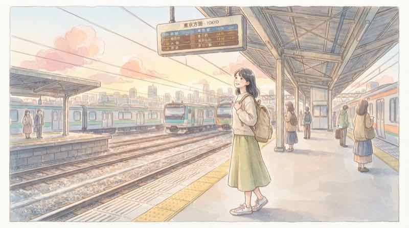 東京へ向かう通勤電車を見つめる神奈川県在住の女性のイラスト