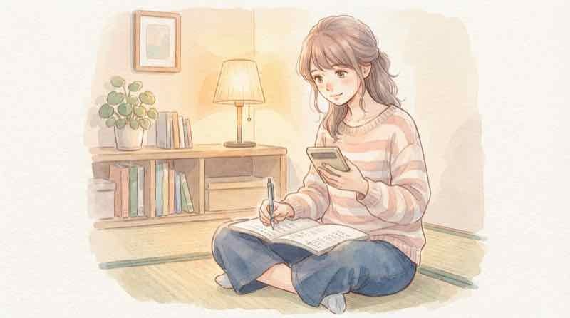 電卓で自分の通勤時間を計算する女性のイラスト