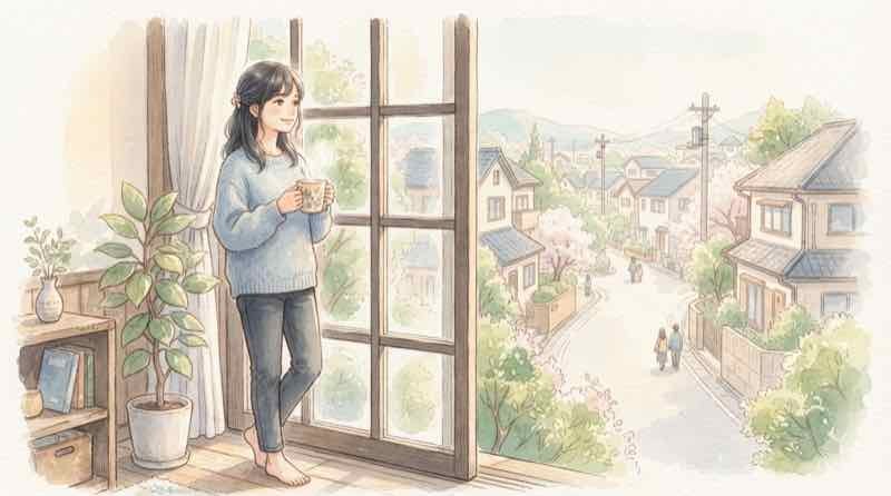 通勤時間の数字を見直しながら暮らしを考える女性のイラスト
