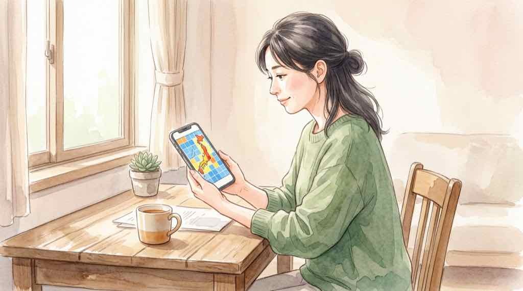 キキクルの危険度分布をスマホで確認する女性・大雨時の防災情報活用イラスト