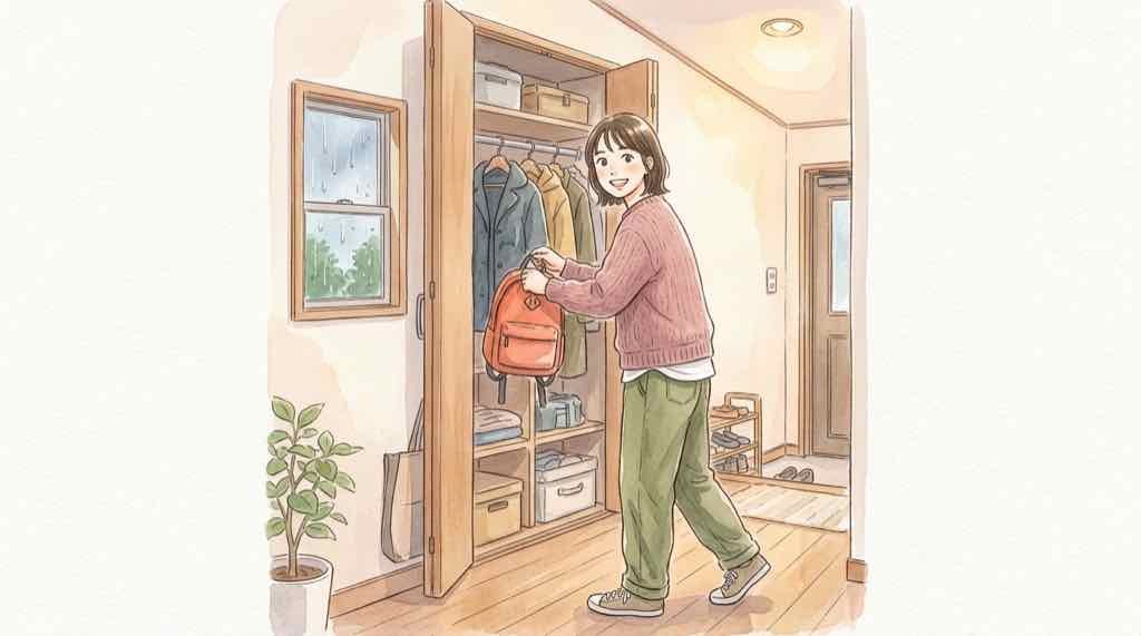 雨の中、避難バッグを確認して行動する女性のイラスト・早めの避難行動