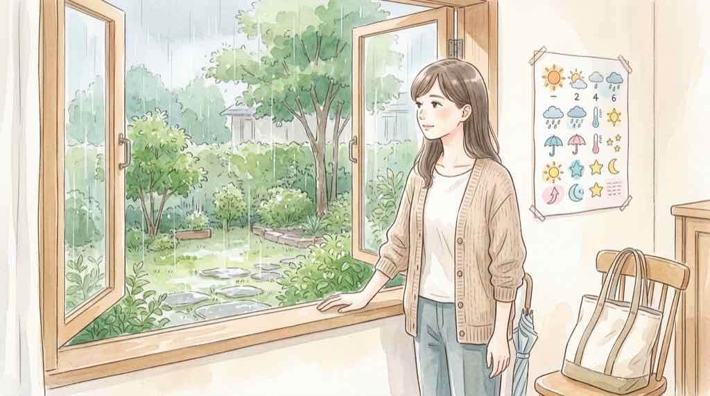 2026年防災気象情報変更点を確認する女性・新しいキキクル仕様説明イラスト