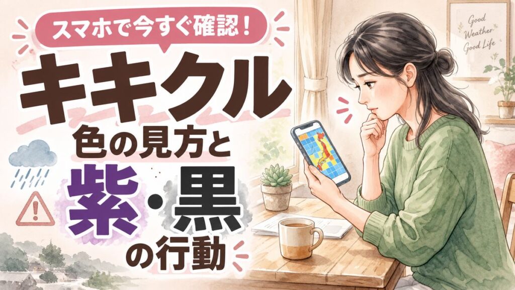 キキクルの危険度分布をスマホで確認する女性・大雨時の防災情報活用イラスト