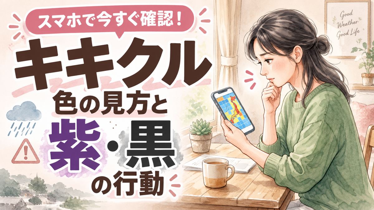 キキクルの危険度分布をスマホで確認する女性・大雨時の防災情報活用イラスト