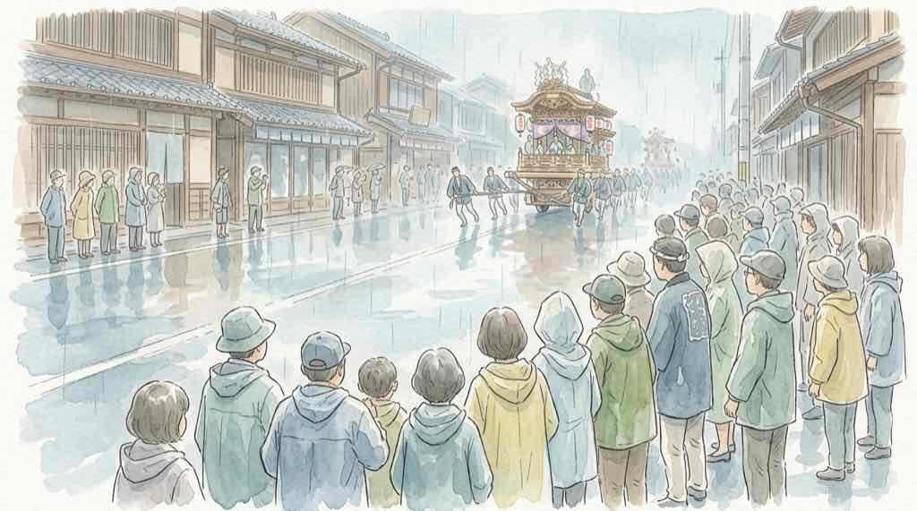 岸和田だんじり祭2026が雨の中で行われる様子を見上げる観客