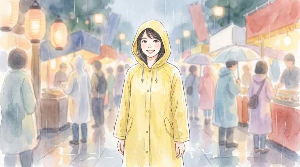 岸和田だんじり祭2026の混雑の中でレインコートを着る女性