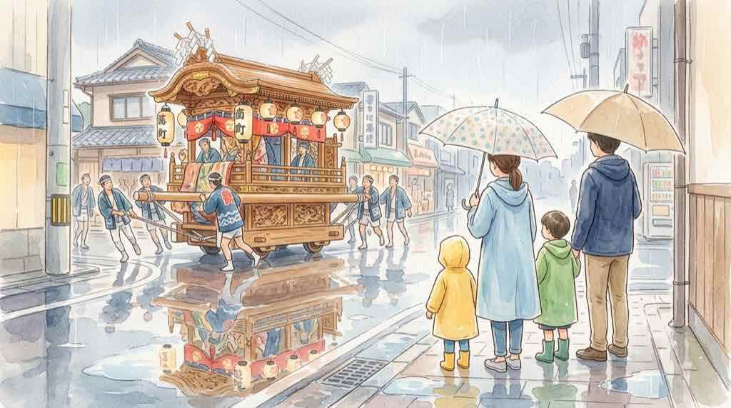 岸和田だんじり祭2026で濡れた路面から距離を取る観客