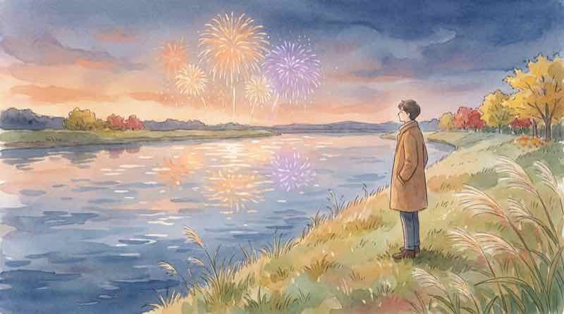 川口側の荒川土手から対岸の花火を眺める人の様子