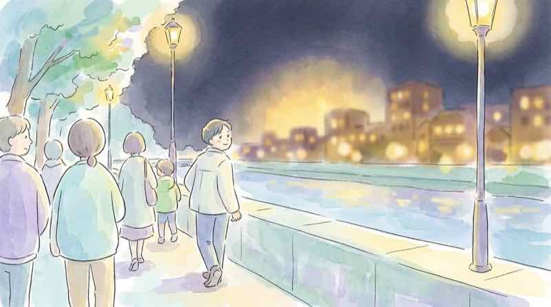 花火終了後、駅へ向かって歩く帰りの来場者の様子