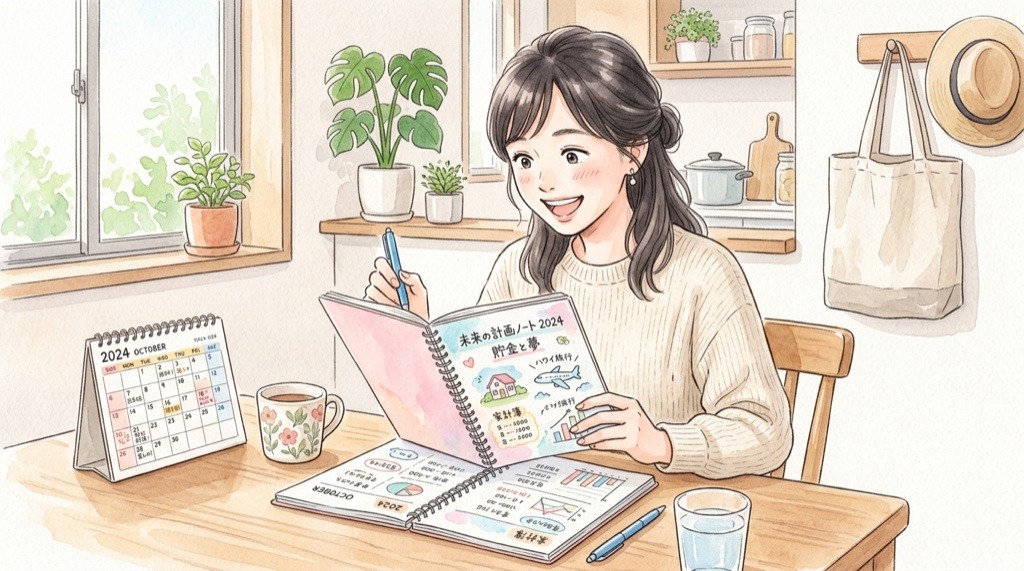 こどもNISA いつから始まるか調べる30代女性のイラスト・手帳とスマートフォン
