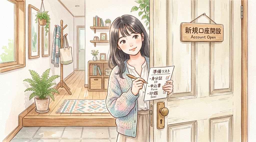 こどもNISA必要書類チェックリストを確認する女性のイラスト