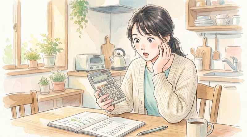 社会保険料 計算してみた、電卓を片手に驚く女性