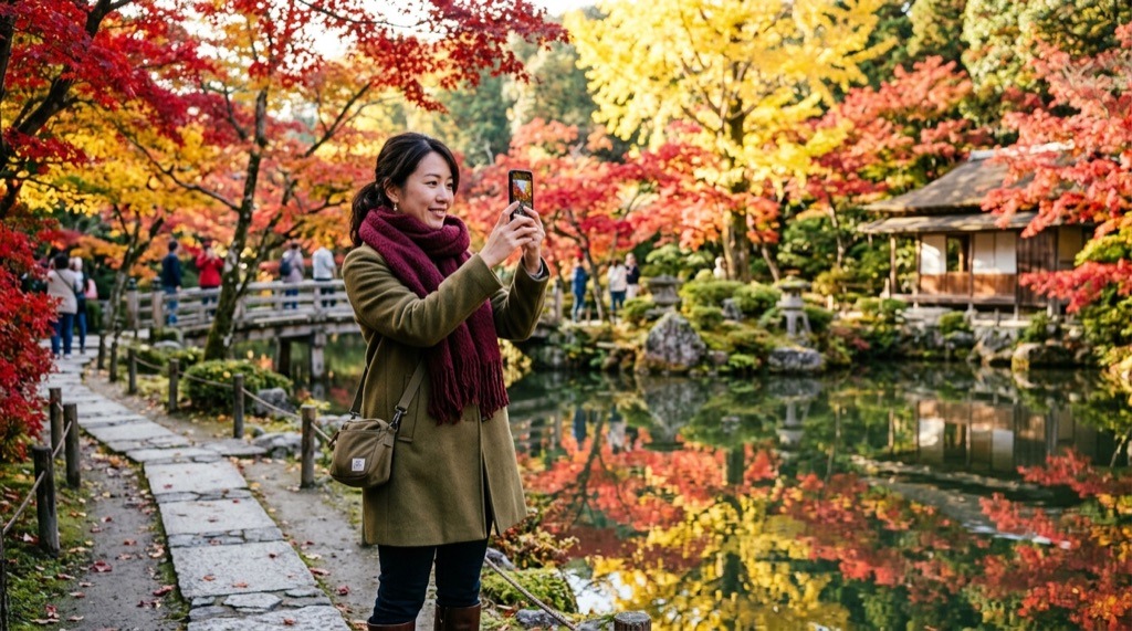 2026年紅葉の見頃を調べながら旅行計画を立てる女性、紅葉スポットのマップを広げている