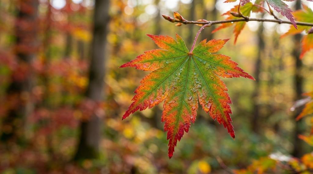 秋の最低気温と紅葉の関係を示す秋の山、気温計と色づいた葉のコラボ