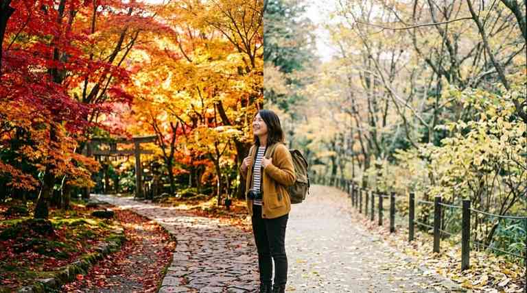 鮮やかな赤と黄色に色づいた紅葉、晴天の山麓を歩く女性