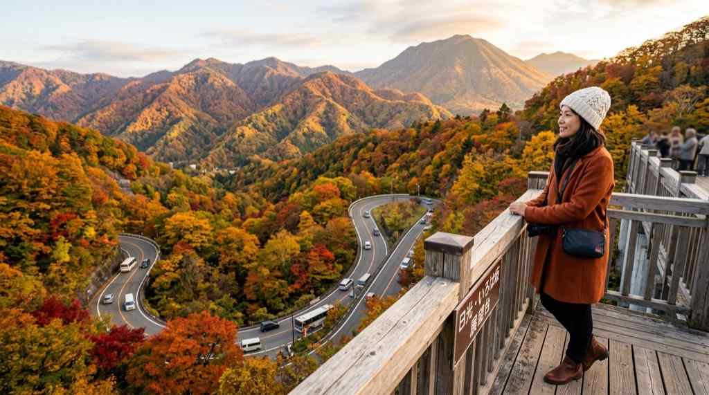日本地図の上に各地の紅葉情報が並ぶイメージ、秋旅行の計画を立てる女性